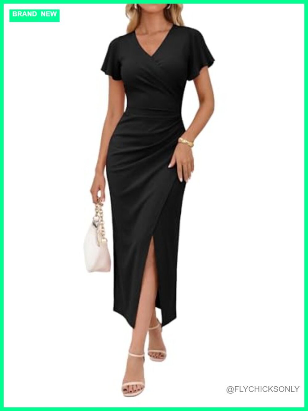 OWIN Women's V Neck Faux Wrap Ruffle Sleeve Bodycon Maxi Cocktail Dress